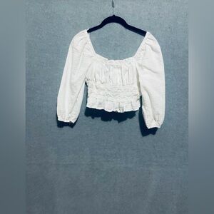 Street Side White Open Tie Back Crop Top S Puff Sleeve Cottagecore Smocked Boho